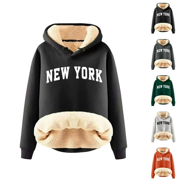 New York Fleece Lined Hoodies for Women Winter Long Sleeve Thick Warm Hooded Sweatshirt Pullover Tops