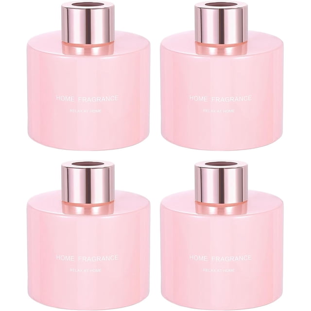 HARFINGTON 4pcs Empty Glass Diffuser Bottle 140ml/4.7oz Refillable Fragrance Accessories Aromatherapy Jar Container for Replacement Reed Diffuser DIY Home Bathroom Pink with Gold Tone Cap