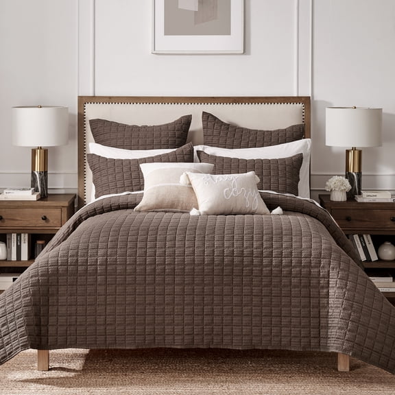 Levtex Home Cloud Waffle Twin XL / Twin Quilt Set (68x86in) with 1 Pillow Sham (26x20in) - Box Quilted Waffle Cotton Texture - Cocoa - Cotton Twin Size Quilt Bedding Set - Lightweight Soft Pre-Washed