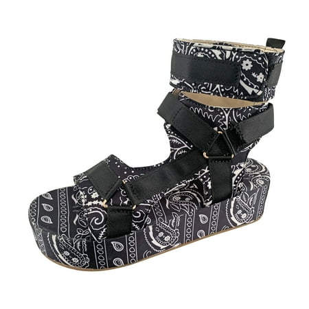 

B91xZ Womens Platform Sandals Open Toe Flower Sandals Satin Bottom Cashew Fish Thick Women s Mouth Women s Sandals Black Size 9