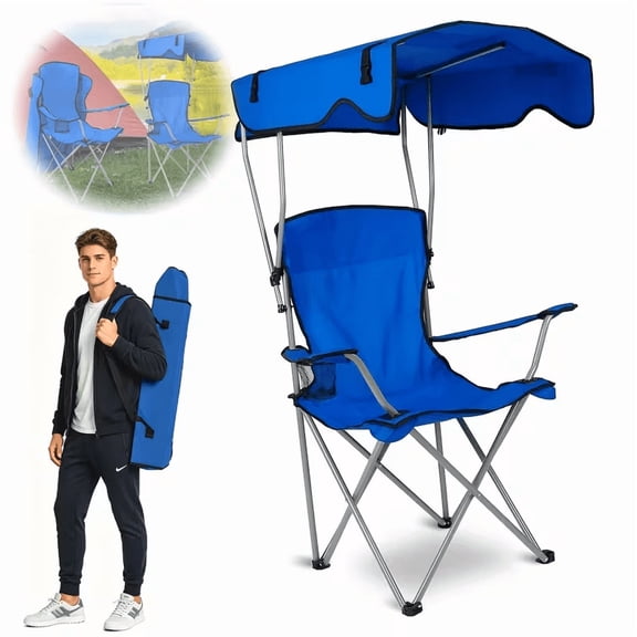 SXTSXT Portable Folding Camping Chair with Sun Canopy, Blue Aluminum Alloy, Adult, Outdoor, Beach, Picnic, Sports