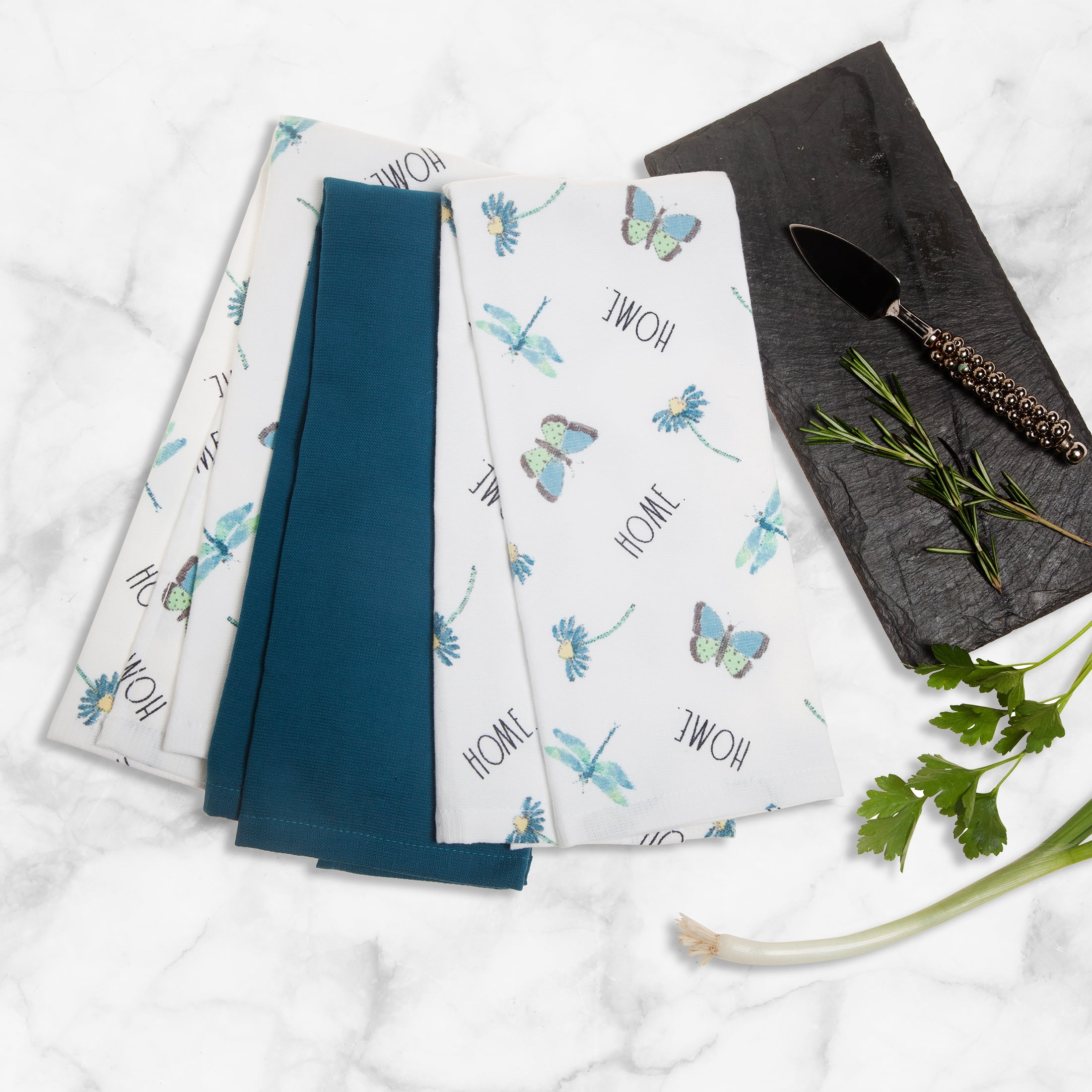 (2 pack) Rae Dunn Butterfly Kitchen Towels, 3 Pack, 16 x 26, Navy Blue & White
