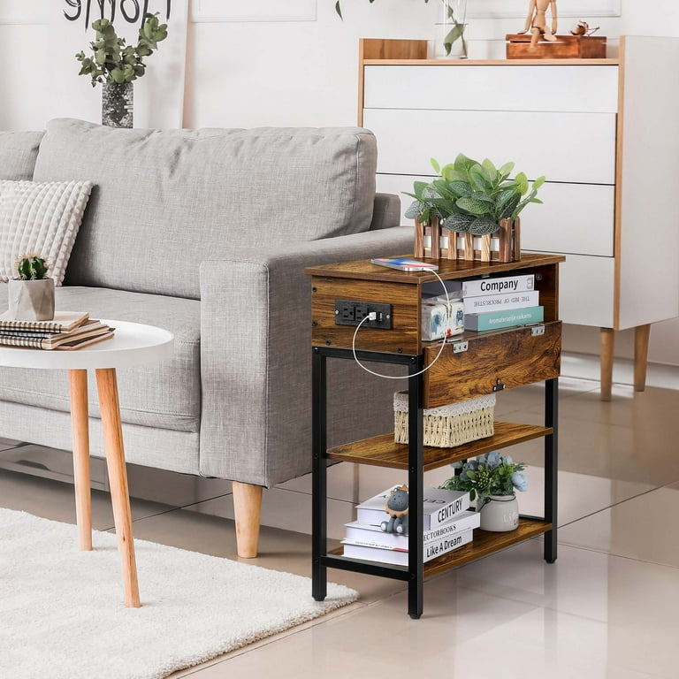 Oumilen Slim Bedside End Table with Charging Station Power Outlets USB Ports Drawer Storage Shelves Perfect for Small Space Livingroom