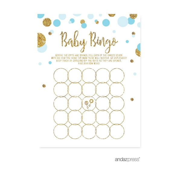 Baby Bingo Game Baby Blue Gold Glitter Baby Shower Games, 20-Pack