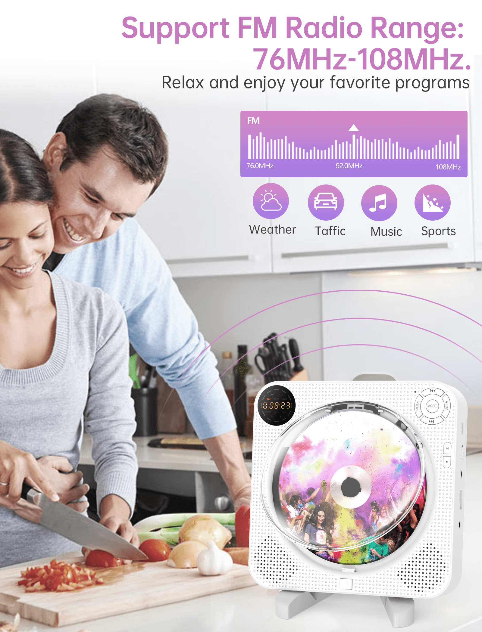 CD Player Portable Bluetooth Wall Mountable Desktop CD Player with Hifi Sound Speakers, Remote Control, Dust Cover, LED Display, Support FM Radio Wireless, AUX in Cable&USB,Repeat