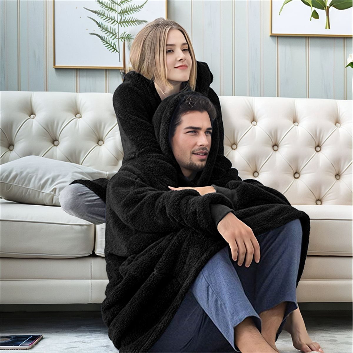Oversized Blanket Hoodie Sweatshirt, Wearable Lounging Pullover for Adults Women Men Black One size