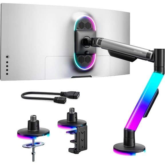 ARES WING RGB Monitor Arm for 17–40 in Monitors, Supports up to 26.5 lb, Gas Spring Desk Mount with Full Motion, VESA 75 x 75 & 100 x 100, Gray