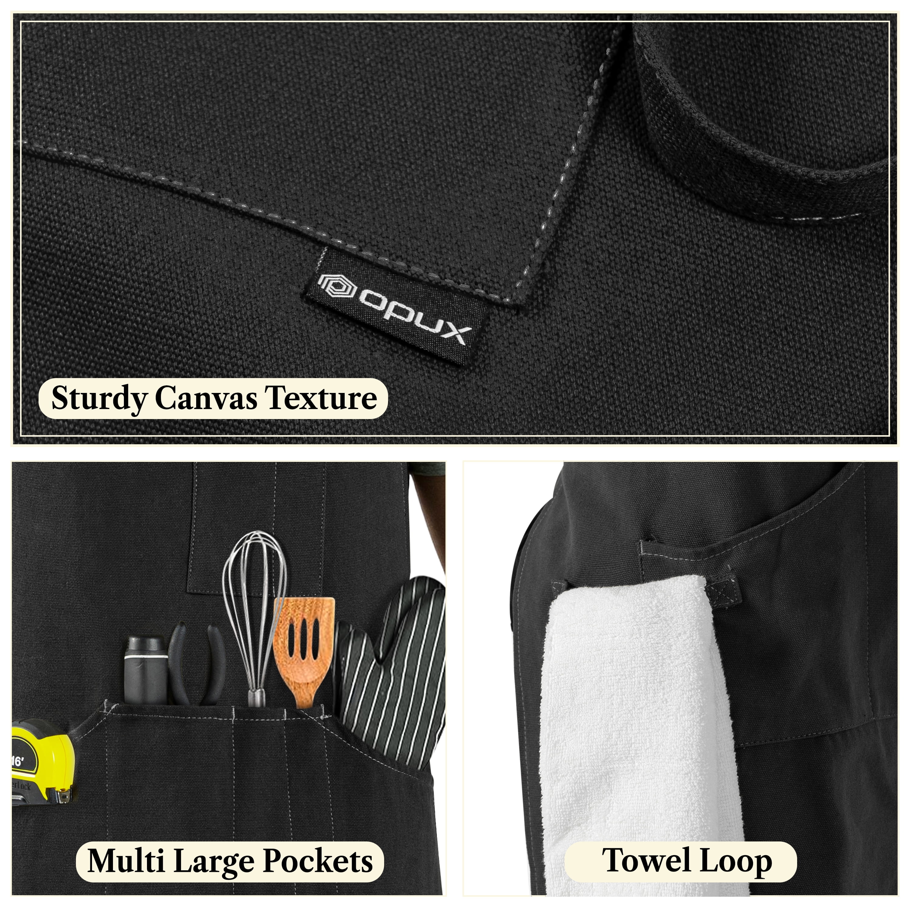 OPUX Chef Apron for Men, Canvas Apron with Pockets for Women, Large BBQ Apron for Kitchen Grilling Baking, Heavy Duty Work Apron with Adjustable Neck Strap for Barber Gardening, Black
