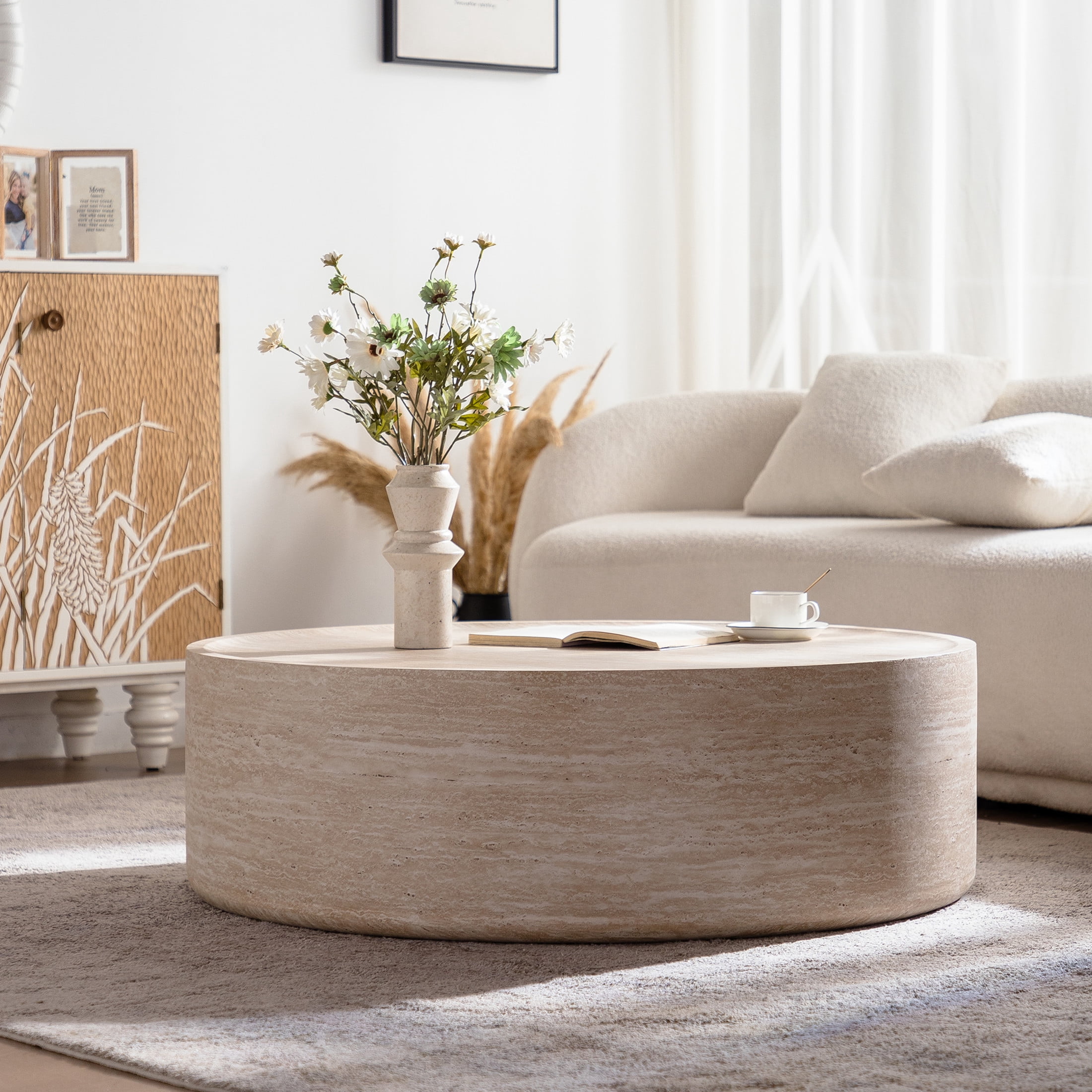 Noble House Xandric 39.37" Round Drum Coffee Table with Mars Pattern, Modern Magnesium Oxide Accent Table, Amber
