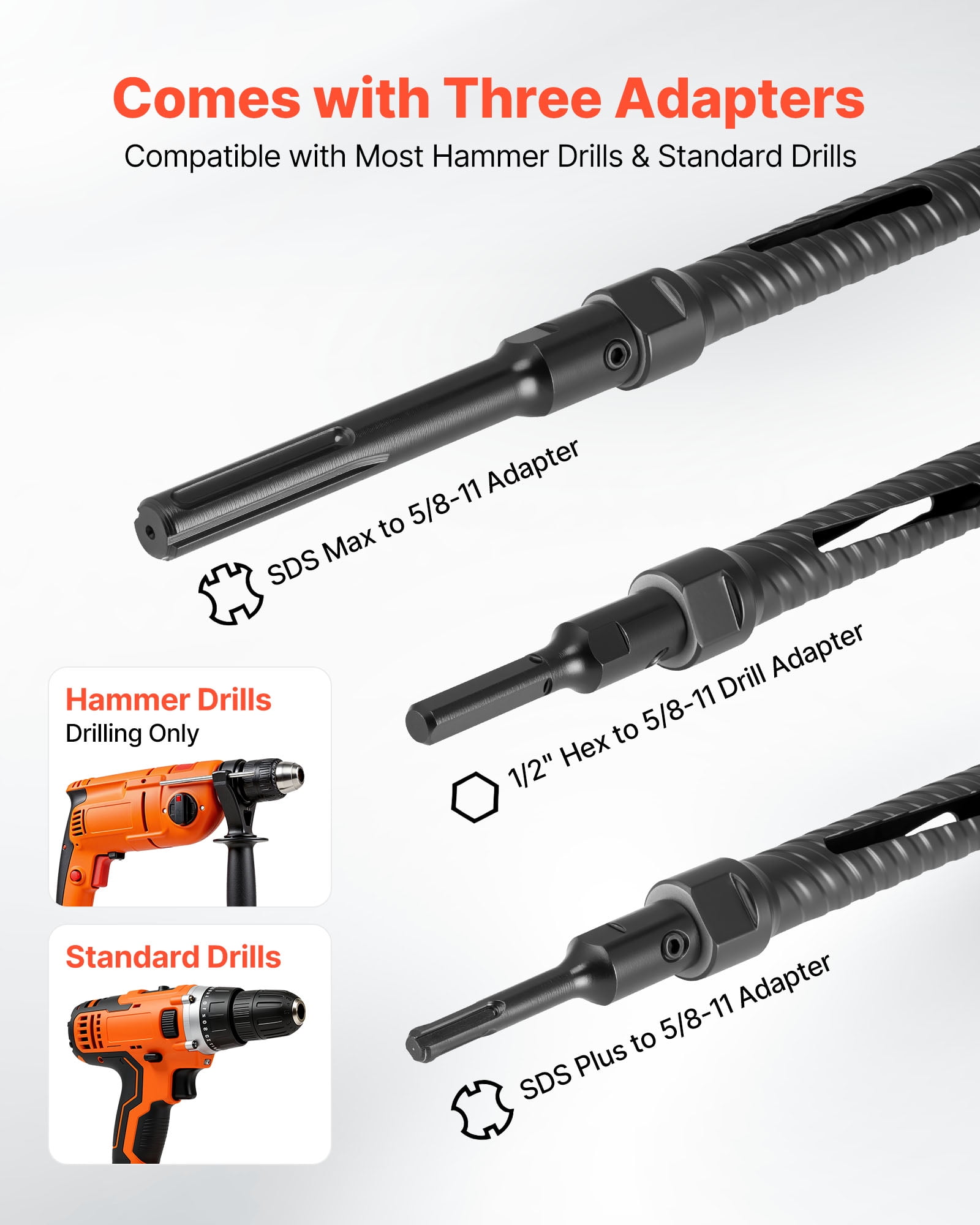 VEVOR Core Drill Bit, 1 inch Diameter, 9-1/2 inch Drilling Depth, 5/8-11 Internal Thread, Diamond Dry Coring Bit with 3 Adapters, Pilot Drill and Hex Wrench, for Concrete, Red Bricks, and Masonry
