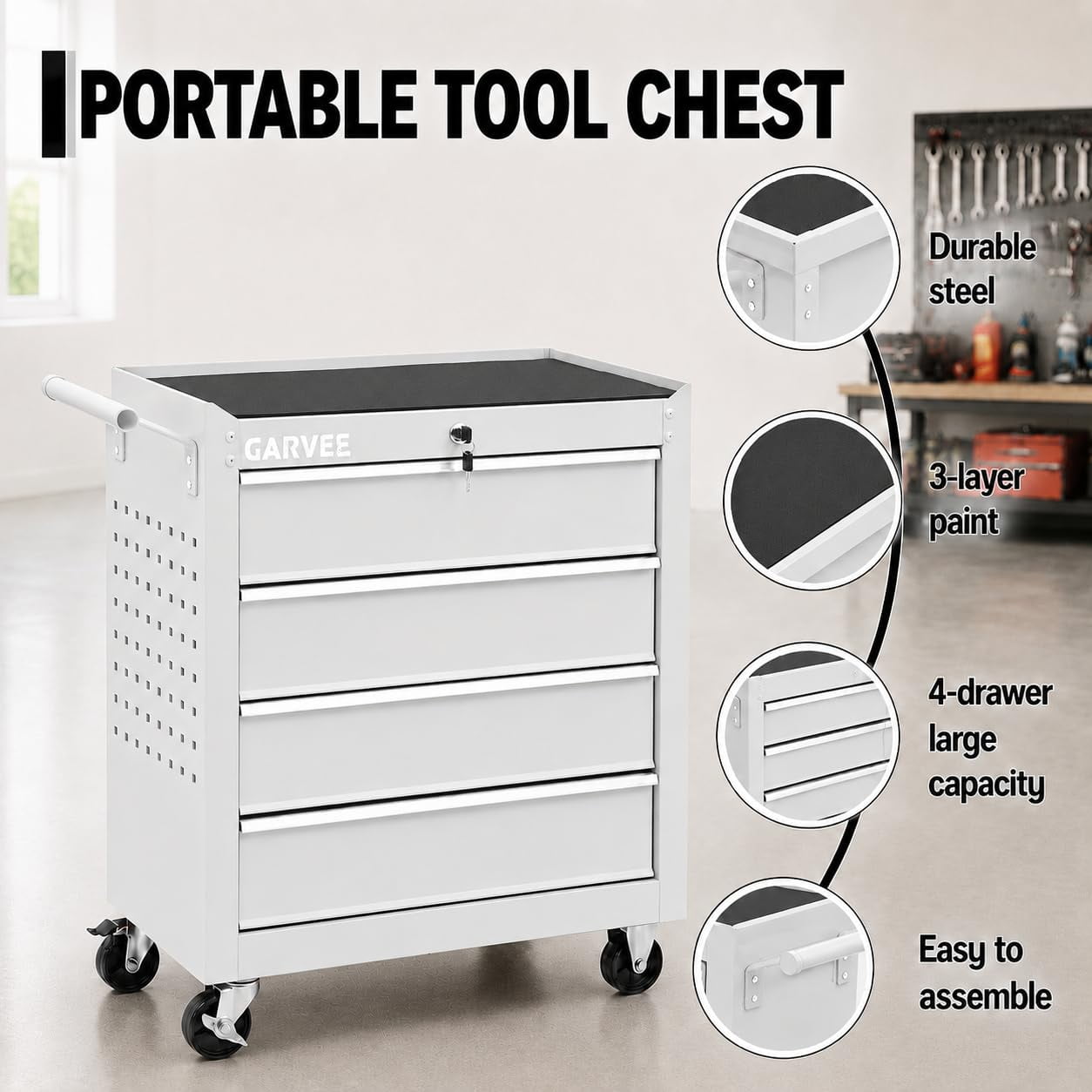 Rolling Tool Chest & Cart with Wheels, 24 in 4-Drawer Locking Steel Tool Storage Cabinet - Locking Lid - Drawer Liners - Side Pegboard Hooks - Ball-Bearing Slides - for Garage & Workshop - White
