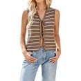 thumbnail image 3 of Women'S 2025 Summer Trendy Crochet Knit V Neck Sleeveless Tie Front Striped Sweater Vests Beach Outfits Light Brown L, 3 of 9