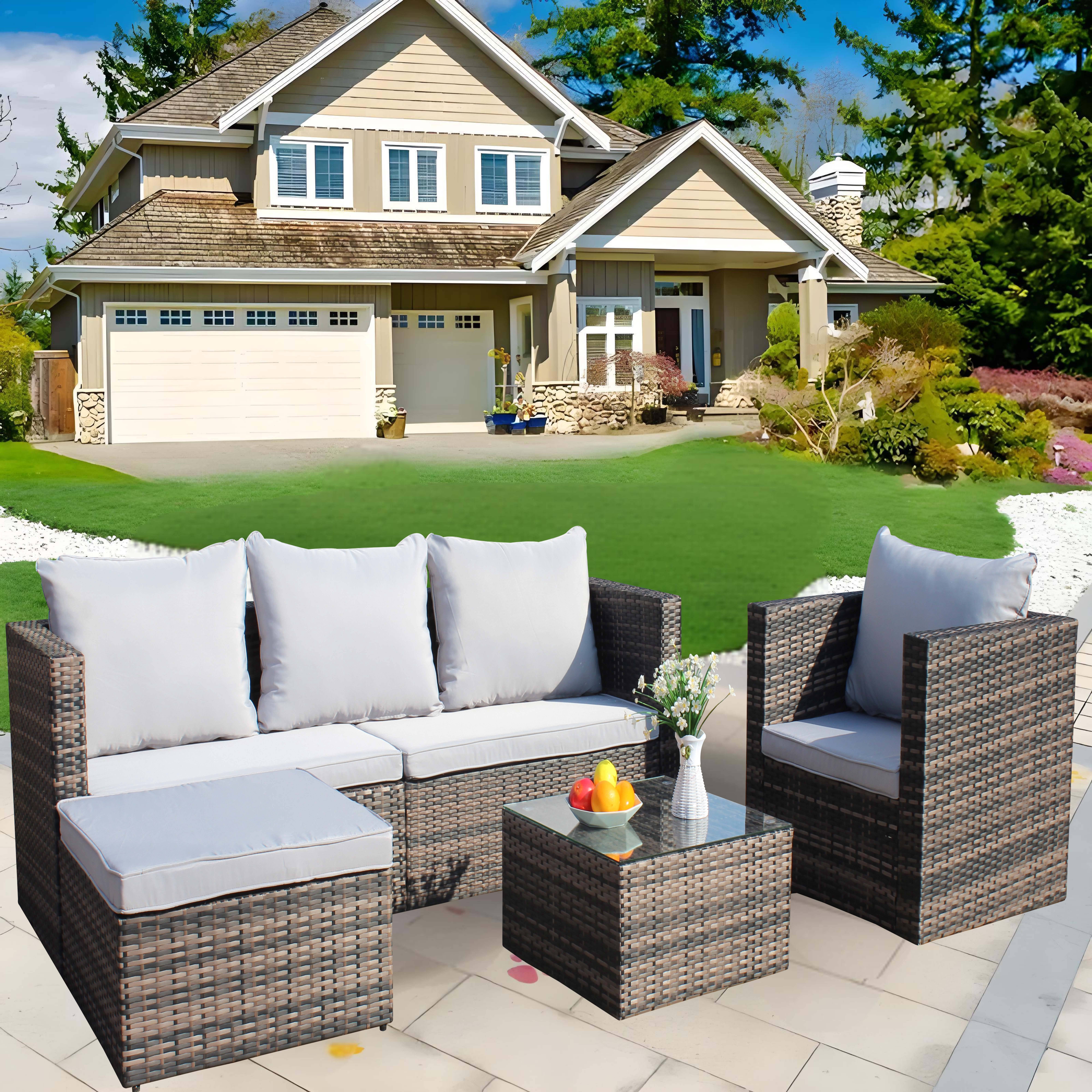 Rattan Patio Sofa Set, 4 Pieces Outdoor Sectional Furniture Set, All-Weather PE Rattan Wicker Patio Conversation Set, Cushioned Sofa Set with Glass Table for Patio Garden Poolside Deck