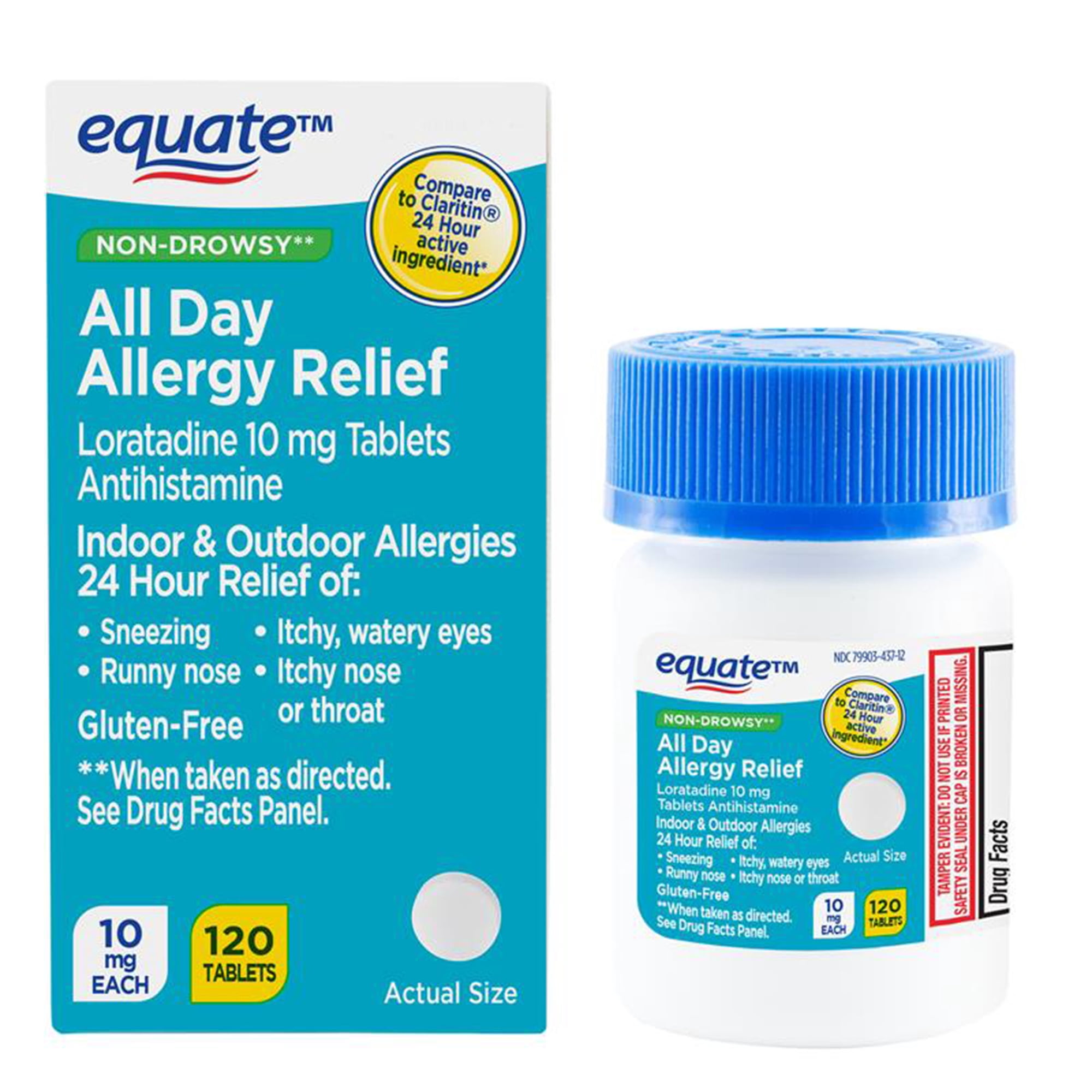 Equate Non-Drowsy All Day Allergy Relief Loratadine 10 mg Tablets Antihistamine, 120 Count, Compare to Claritin® 24 Hour Active Ingredient