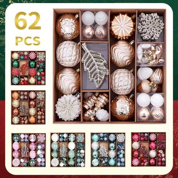 Dmlowu Christmas Tree Decorations, 62Pcs Shatterproof Christmas Ball Ornaments Set of Snowflake Pinecone Leaf Pendants, Assorted Hanging Ornaments for Holiday