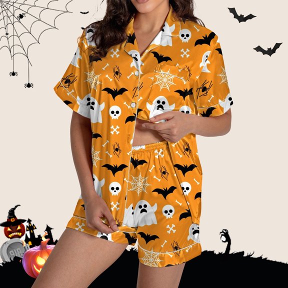 Miorin Under $14 Women Halloween Print Pajama Set Short Sleeve Button Down 2-Piece Sleepwear Soft Pjs Lounge Sets Casual Matching Set Loungewear, L