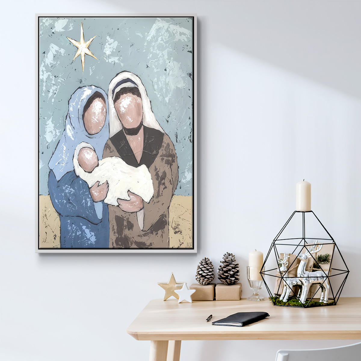 A Silent Night I - Framed Gallery Wrapped Holiday Canvas - 27 x 41 - White Frame