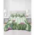 thumbnail image 2 of Quilts Full Size Bedding Set, Green Cactus Tropical Lightweight Quilted Comforter, Sage Green Buffalo Plaid Summer Soft Reversible Bedspread Coverlet with Pillow Covers for All Season, 78" x 90", 2 of 7