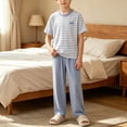 thumbnail image 2 of CHEEREAM Boys 2 Piece Sets Striped Short Sleeve T Shirt & Long Pants Outfit Casual Loungewear Nightwear Home Rest Comfortable Clothes For Kids, 2 of 6
