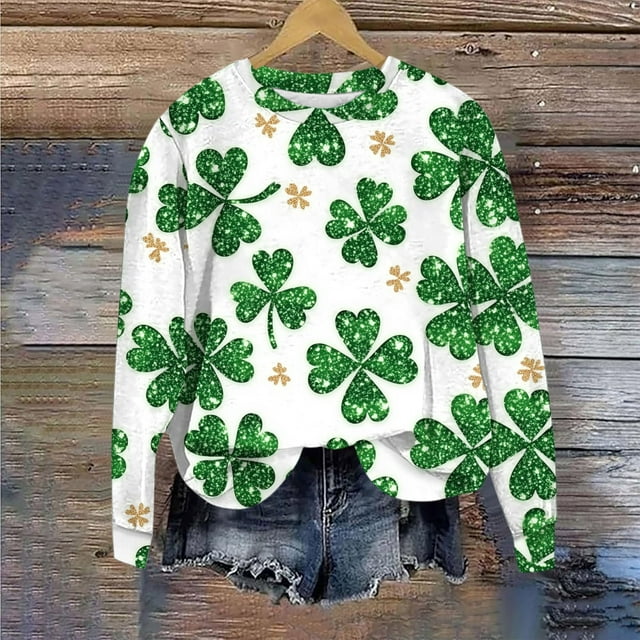 Nuoqisi Mode de la Saint-Patrick Blouse Décontractée à Manches Longues pour Femmes, Col Rond Imprimé, Ample, Sans Capuche, Haut Tendance Confortable pour la Mode Urbaine Quotidienne, Superposition Printemps Été et Week-Ends Détendus