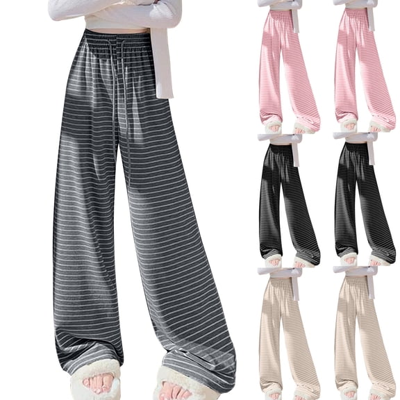 Fengqque Women's Striped Wide Leg Pants Elastic Waist Drawstring Baggy Casual Palazzo Trousers Pink XL(XL)