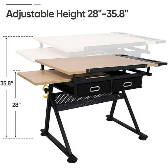Drafting Table Drawing Desk Art&Craft Work Station Height Adjustable Tilting Tabletop Craft Table Desk w/Stool and 2 Storage Drawers for Home Office Study Room, Natural