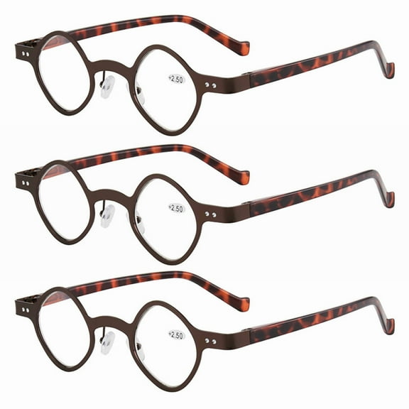 3 Pairs of Mens Personality Small Square Presbyopia Glasses, Blue Light Blocking Reading Glasses, Women Brown Stainless Steel Readers  2.50