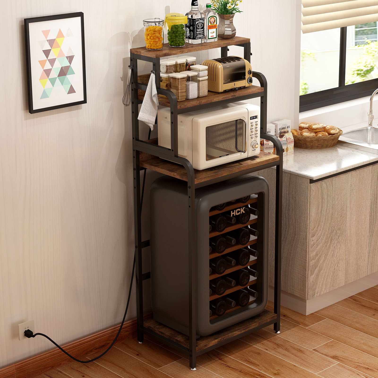 CQSXDA Vintage 4-Tier Mini Fridge Stand in Brown for Storage and Organization - Microwave Oven Stand for Home Office Use