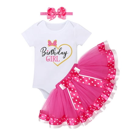 

FYMNSI Baby Girl Toddler Kids 1/2 1st 2nd Birthday Cake Smash Outfit Short Sleeve Romper Tutu Skirt Bowknot Headband 3pcs Set 1 Year Hot Pink - Love Heart
