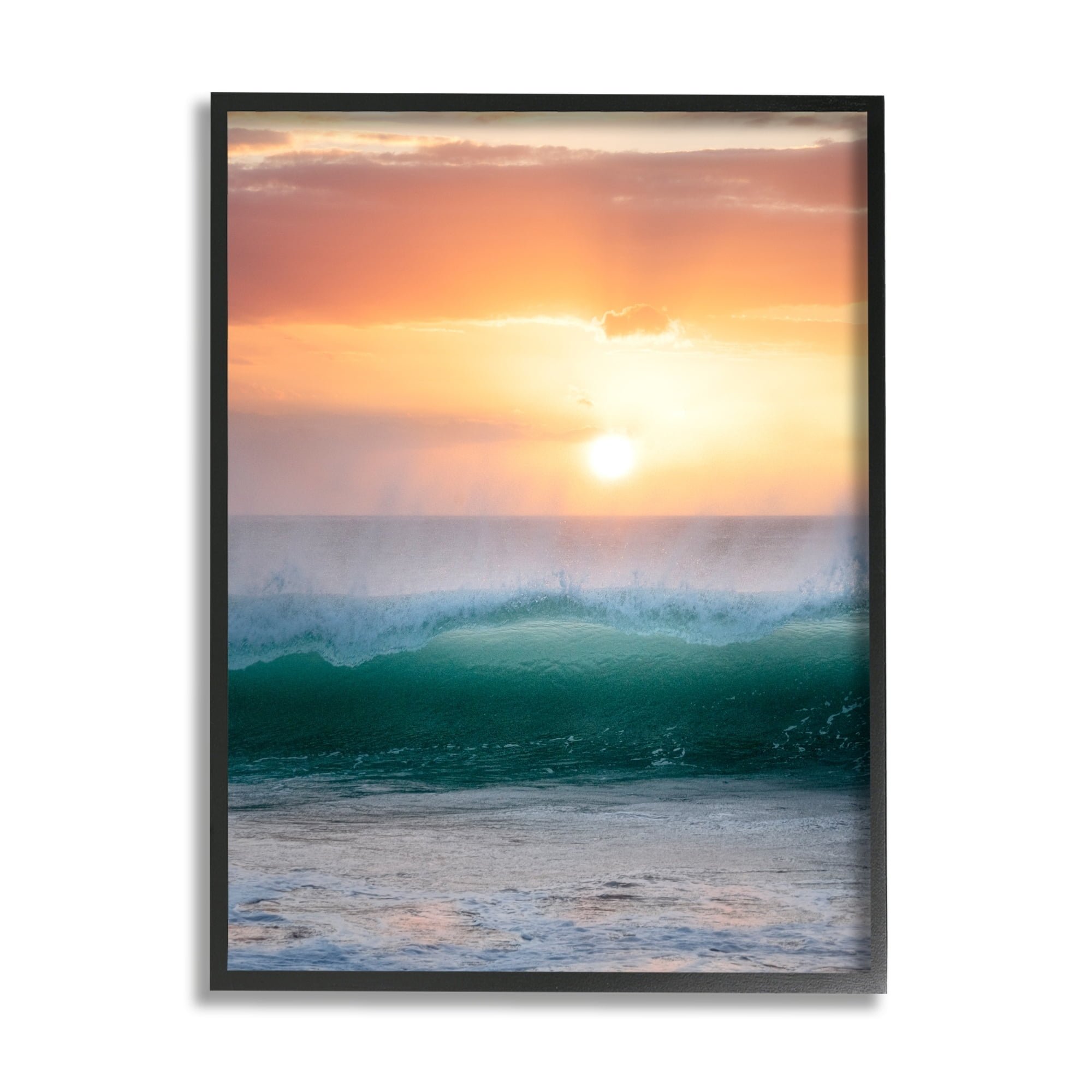 Stupell Industries Orange Sunset Rolling Ocean Waves Coastal Photography Gray Framed Art Print Wall Art