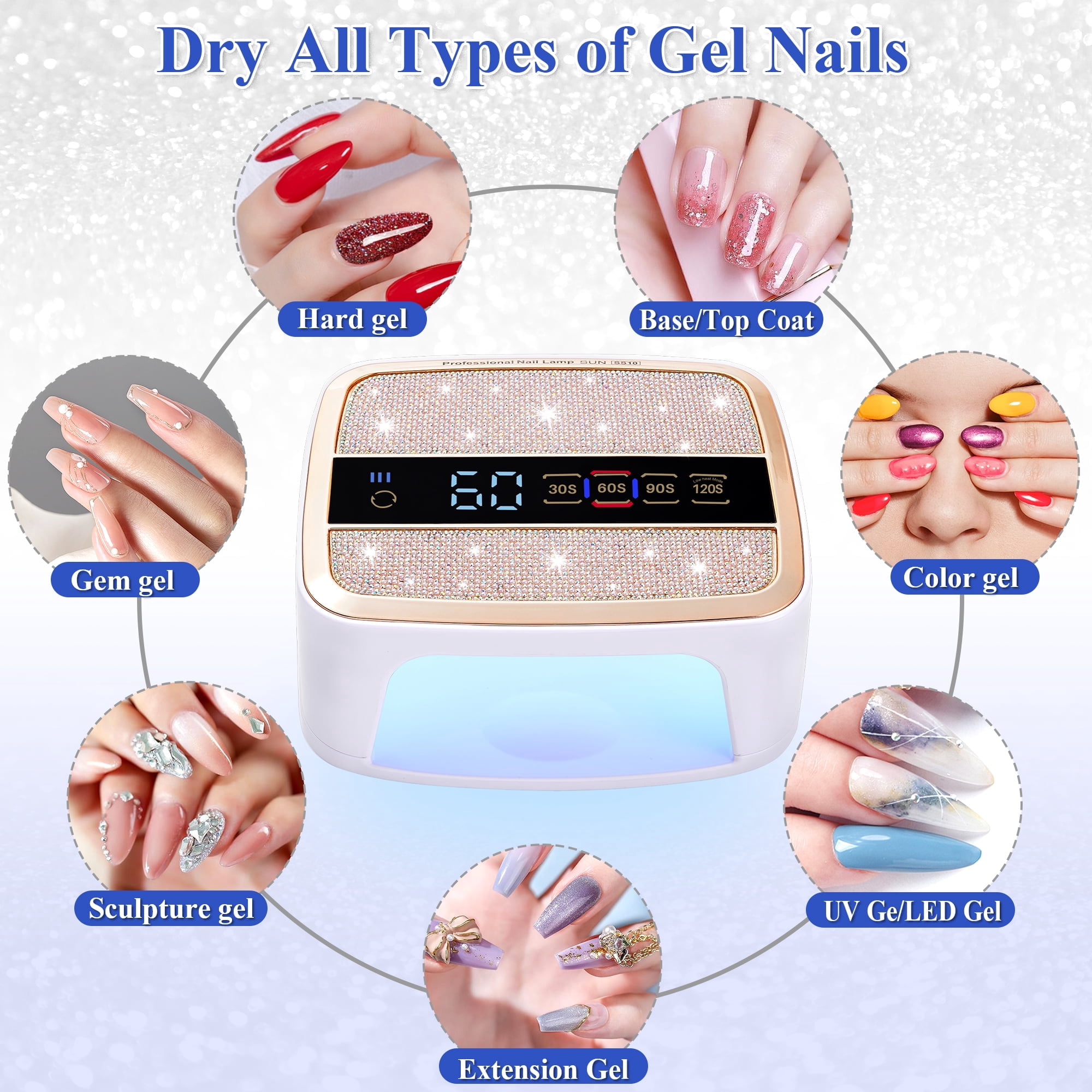 TJT UV LED Nail Lamp, 168W Rechargeable Cordless Nail Lamp for gel polish, Professional 4 Timer Modes and LCD Display with Crystal Diamonds，White