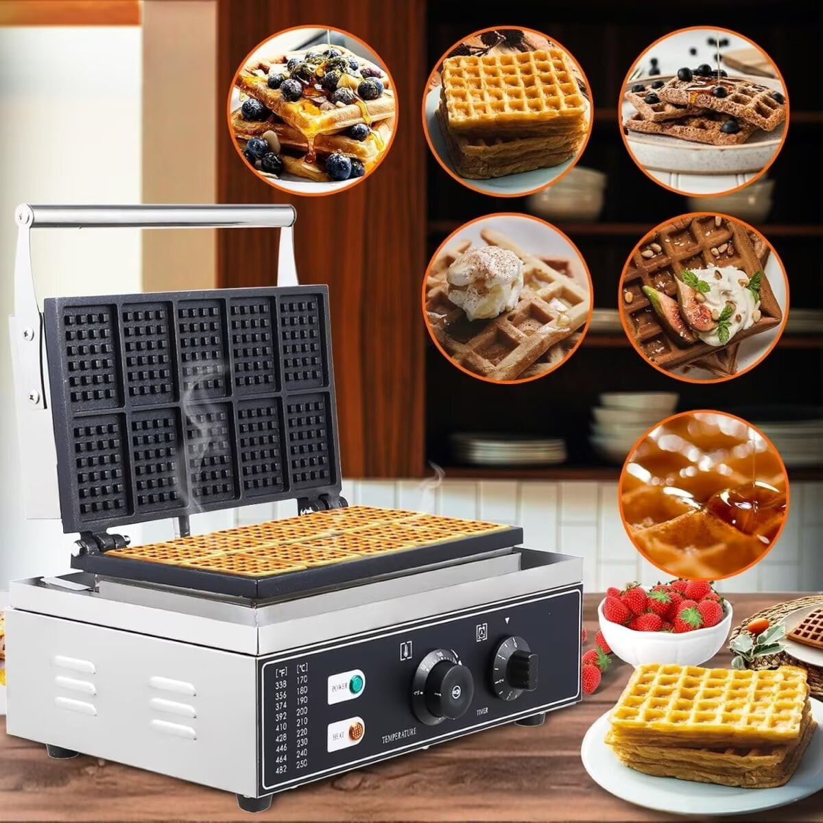 Commercial Waffle Maker, 10pcs Nonstick Stainless Steel Waffle Maker Machine, 2400W 110V, Time and Temperature Control for Restaurant Home