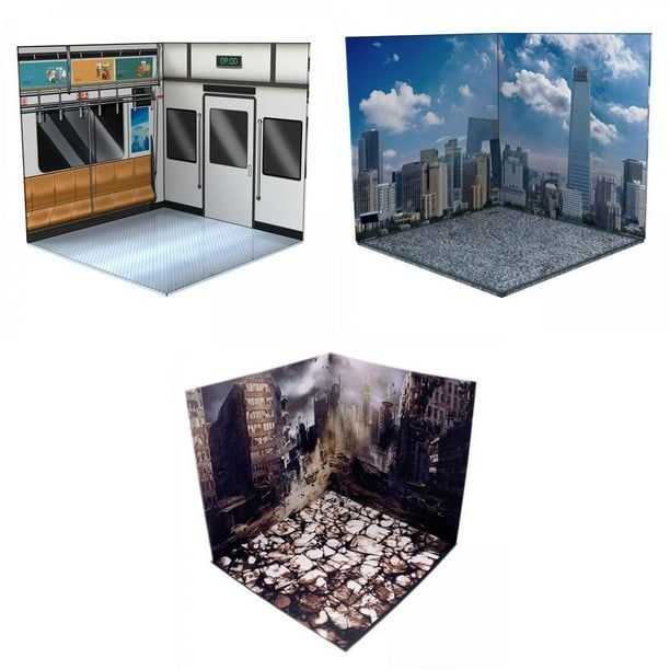 Colección de 3 fondos a escala 1:12 para exhibición de modelos de vehículos de acción. Ciudad de escombros del metro