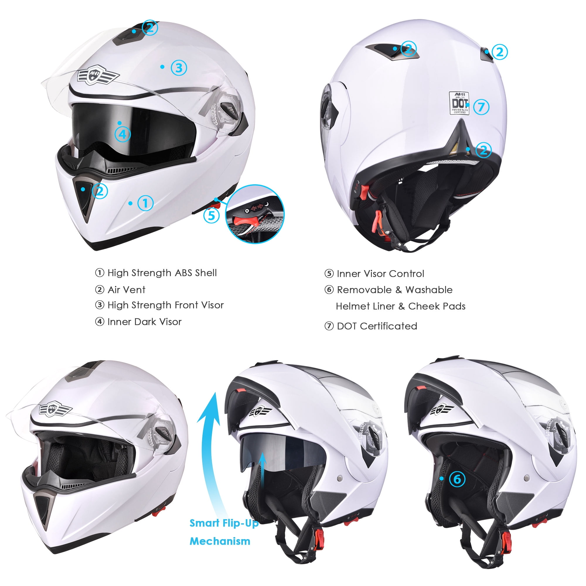 AHR Motorcycle Helmet Dual Visor Modular Flip up Full Face Helmet DOT Approved RUN-M for Adult Motorbike Street Bike Moped Racing