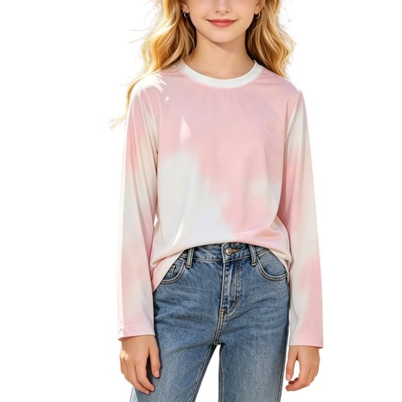 Generic Athletic Shirts for Girls Gradient Long Sleeve Active T Shirts Sports Crewneck Dry Fit Tops Kids Teens Gym Workout Undershirt