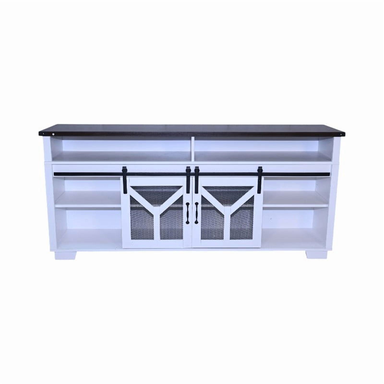 65.3 Inch TV Stand with LED Light Strips and Iron Mesh Barn Doors, Y Decorative Strip White and Black Walnut Color Farmhouse Entertainment Center for 75 Inch TV