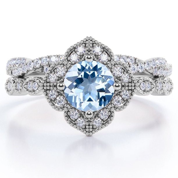 JeenMata Anillo Nupcial con Diseño de Milgrain Floral en Forma Redonda de 1,75 Quilates con Aguamarina Azul Cielo y Moissanita Engastado en Baño de Oro Blanco de 18 K sobre Plata