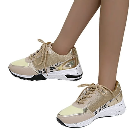 

Woman Flat Platform Shoes with Glitters Lace Up PU Sneakers for Daily Office