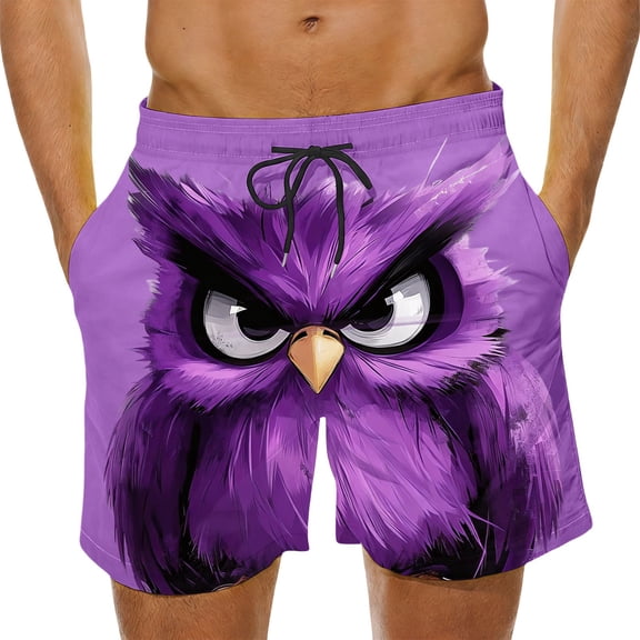 Timoontee Mens Funny Cartoon Animals Print Swim Trunks Lightweight Quick Dry Beach Shorts Elastic Waist Drawstring Summer Casual Shorts Purple M