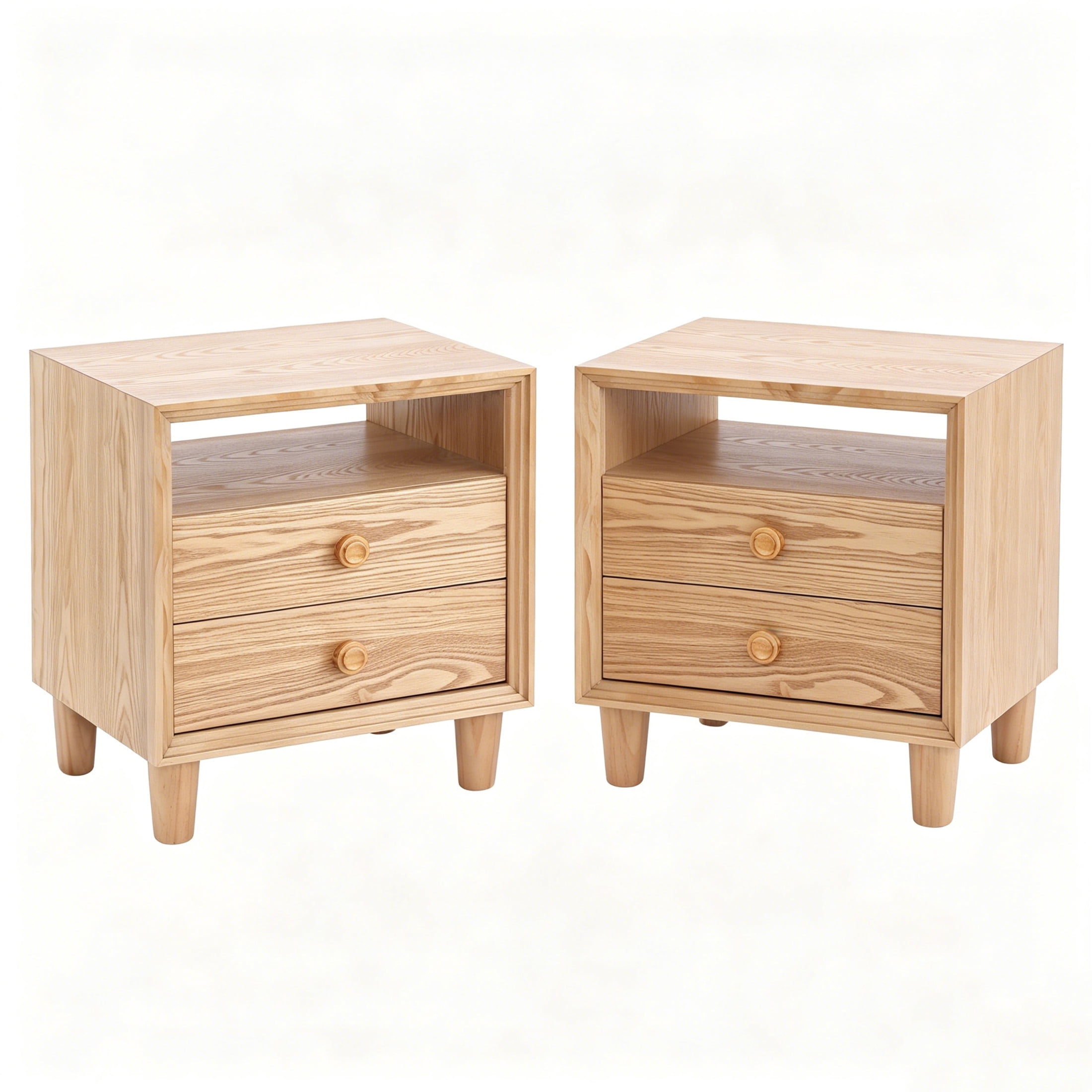 Christopher Knight Home Scandinavian 2-Drawer Nightstand with Open Shelf, Wood Bedside Table, Natural, Set of 2