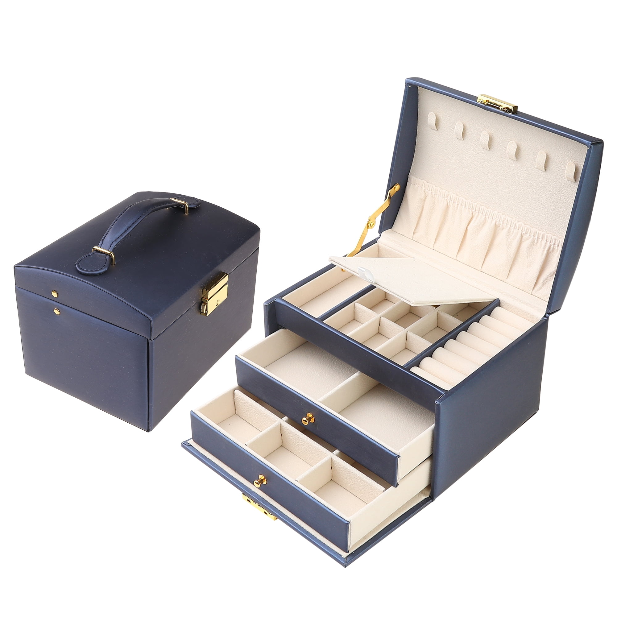 Unique Bargains 3 Layer Jewelry Box PU Leather Jewelry Organizer Case with Drawer Blue