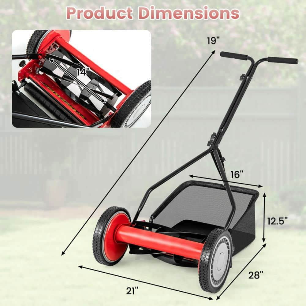 Yardi Yarda 14 Inch Push Lawn Mower with 5 Steel Blades and Grass Catcher Bag, Lawn Mower for Outdoor as Yard, Red
