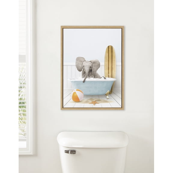 Kate and Laurel Sylvie Baby Elephant Beach House Bath with Surfboard Framed Canvas Wall Art by Amy Peterson, 18x24 Natural, Cute Animal Bathtub Art for Wall