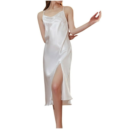Taqqpue Women Silk Satin Nightgown Sexy Lace Chemise Lingerie Slip Midi Dress Long Sleepdress for Ladies Sleepwear Pajamas Slip Negligee Nightwear Spaghetti Strap