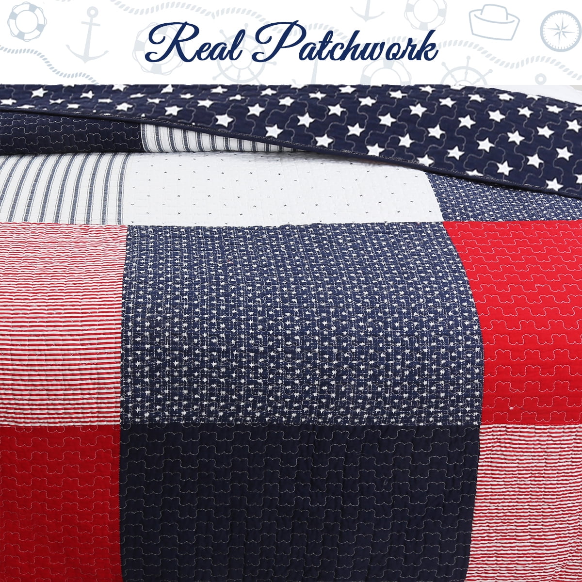 Cozy Line Home Fashions Cozy Line Patriotic Patchwork Plaid Red White Blue Reversible Cotton Quilt Bedding Set Queen