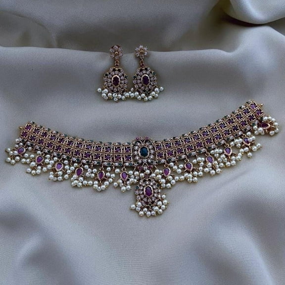 South Indian Bollywood Gold-Plated Short Necklace Set – Pakistani Jewelry Ruby Green AD CZ Stones with Matte Finish & Matching Drop Earrings