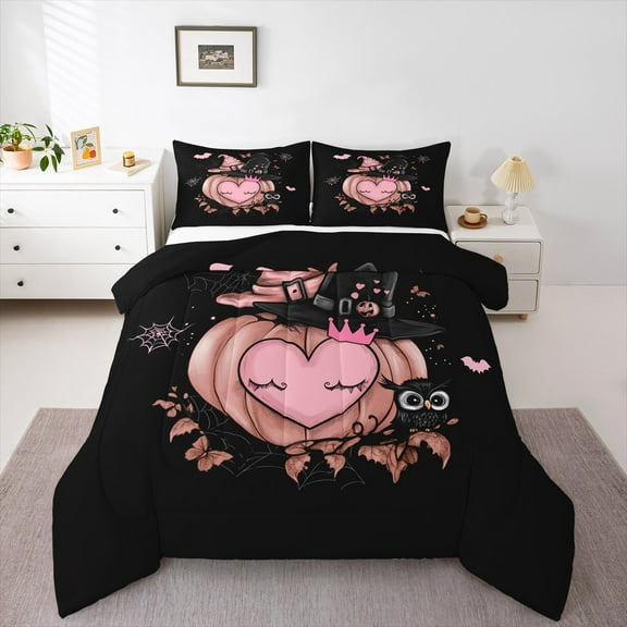 Manfei Pink Pumpkin Bedding Comforter Set,Cute Owl Twin Comforter Sets,Happy Halloween Bedding Set For Girls Boys,Super Cozy Room Decor Reversible,2pcs