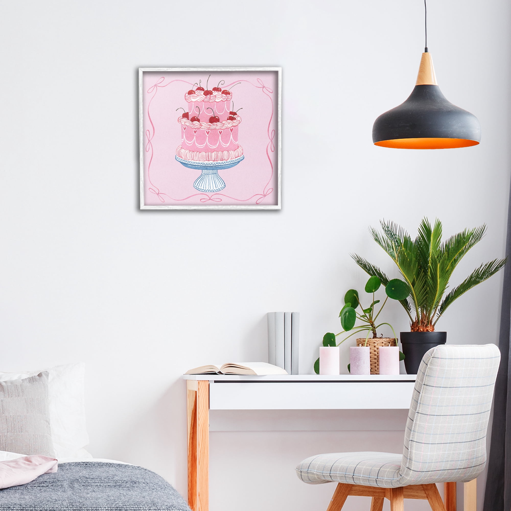Stupell Industries Romantic Pink Cherry Cake White Framed Giclee Art, design by Grace Popp