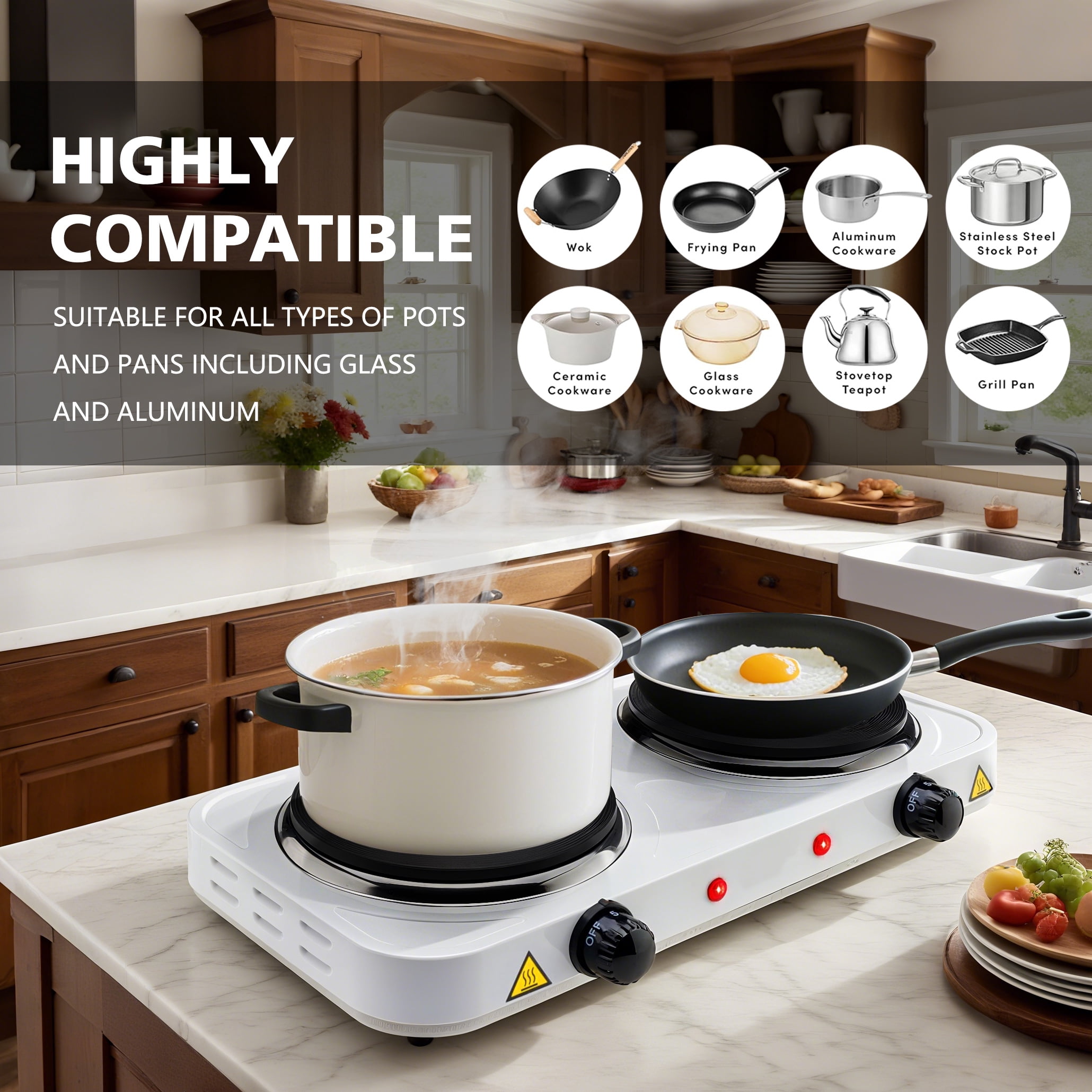Electric Hot Plate, 1000W Countertop Burner,Cast Iron Single Burner ,Portable Electric Stove, Portable Single Burner for Cooking,Easy to Clean, White.
