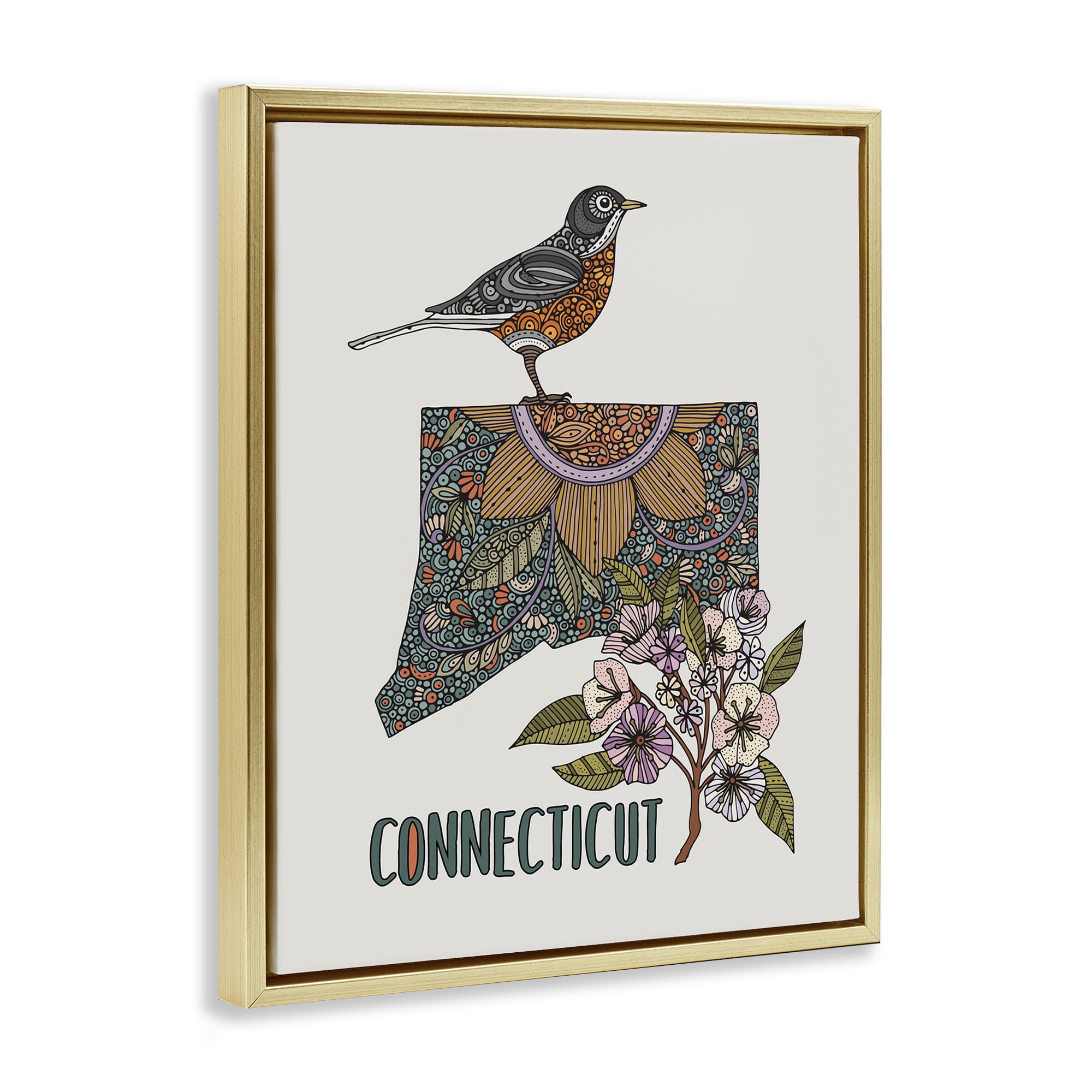 Stupell Industries Floral Connecticut State Botanical & Floral Painting Gold Floater Framed Art Print Wall Art, 25 x 31